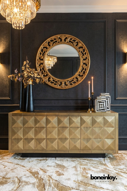 Luxury Geometric Faceted Sideboard Cabinet in Champagne Gold Finish