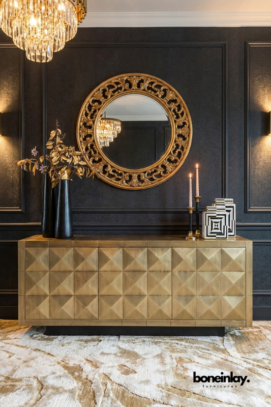 Luxury Geometric Faceted Sideboard Cabinet in Champagne Gold Finish