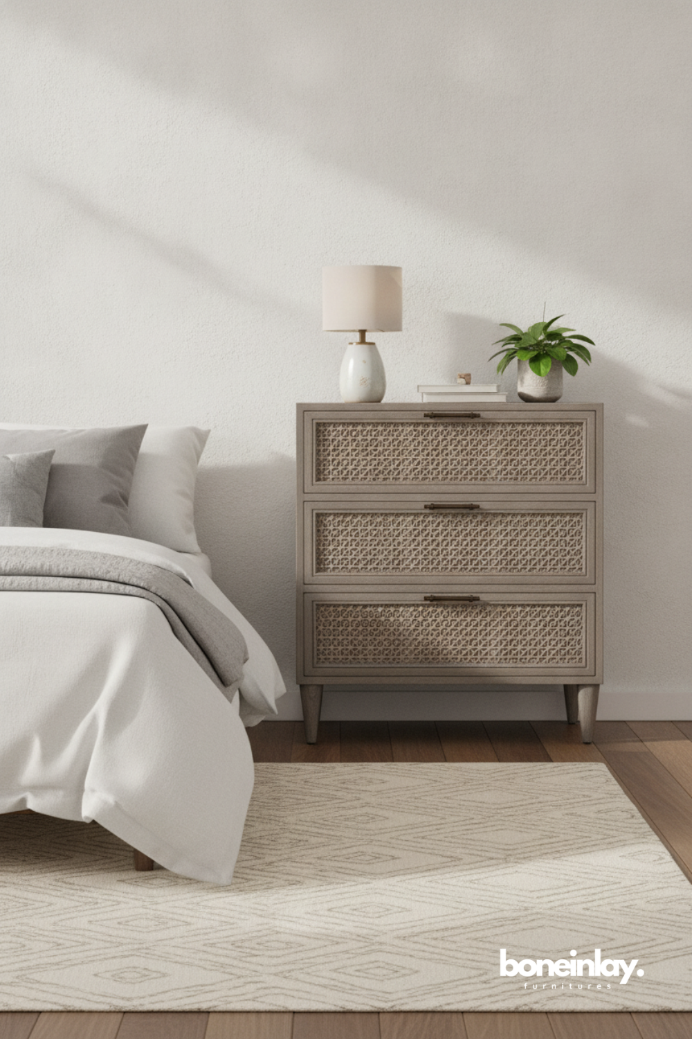 Rattan Three Drawer Bedroom Dresser in Light Oak Finish