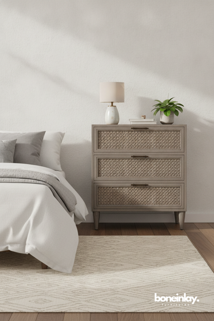 Rattan Three Drawer Bedroom Dresser in Light Oak Finish