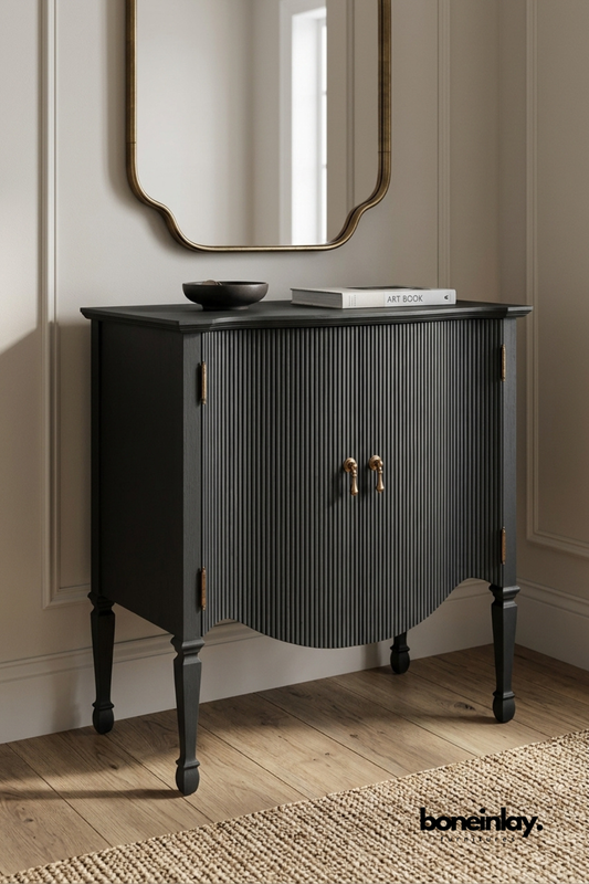 Modern Black Fluted Accent Cabinet with Brass Handles, Contemporary Storage Cabinet, Elegant Wooden Side Cabinet