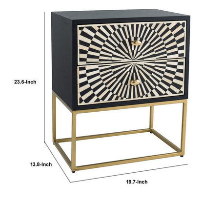 Contemporary bone inlay sunrise bedside table handcrafted with precision-set bone and dark resin geometric pattern, two drawers, brass hardware