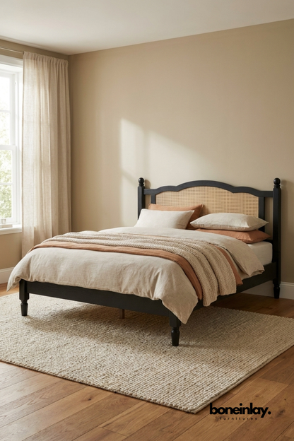 Black Wood Bed Frame with Cane Panel Headboard and Traditional Silhouette