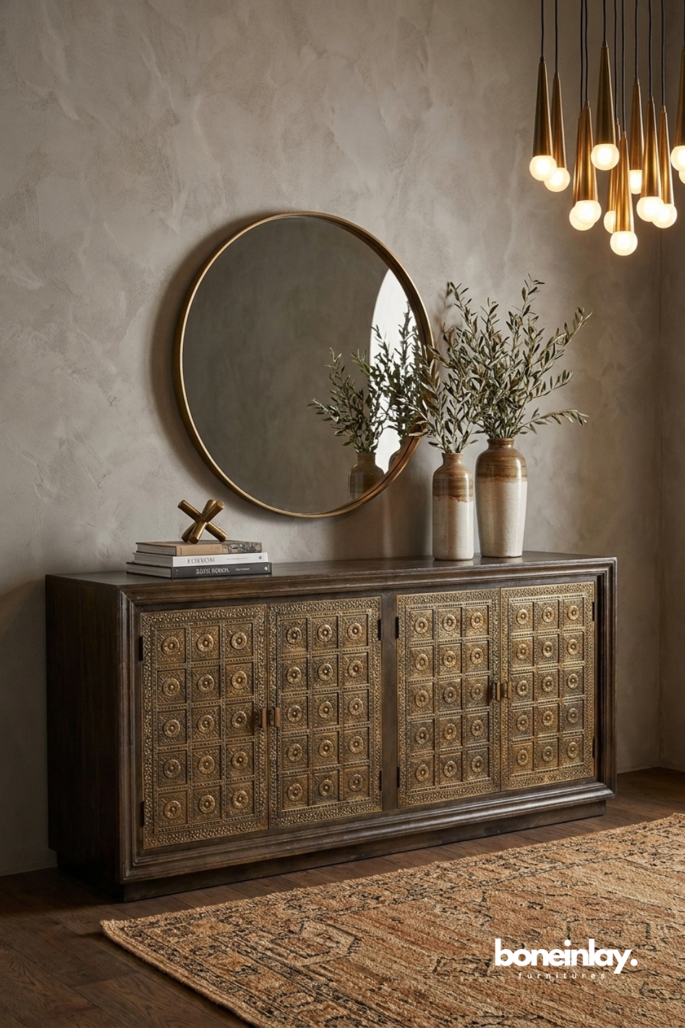 Handcrafted carved Embossed Brass Wood sideboard cabinet with embossed square medallion panel doors in dark walnut finish