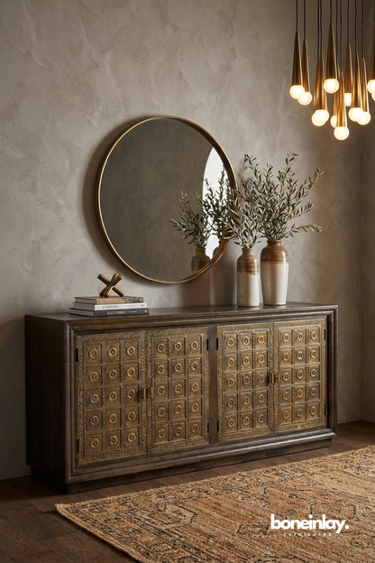 Handcrafted carved Embossed Brass Wood sideboard cabinet with embossed square medallion panel doors in dark walnut finish