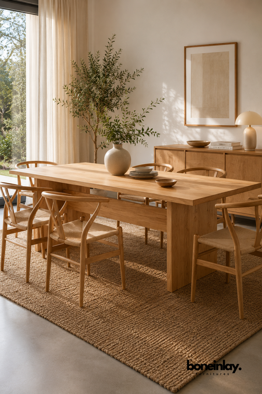 Solid oak dining table with a thick block-style pedestal base.
Long rectangular tabletop showcases natural wood grain throughout.
Paired with light oak wishbone-style chairs with woven rope seats.
Set in a sunlit dining room beside a wood sideboard and olive tree.