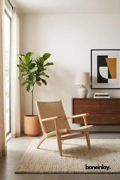 Natural woven rope lounge chair with solid wood frame.
Handcrafted basket-weave seat and backrest in beige rope.
Angled wood legs with crossbar support for stability.
Placed in a modern living room beside a fiddle leaf fig plant.