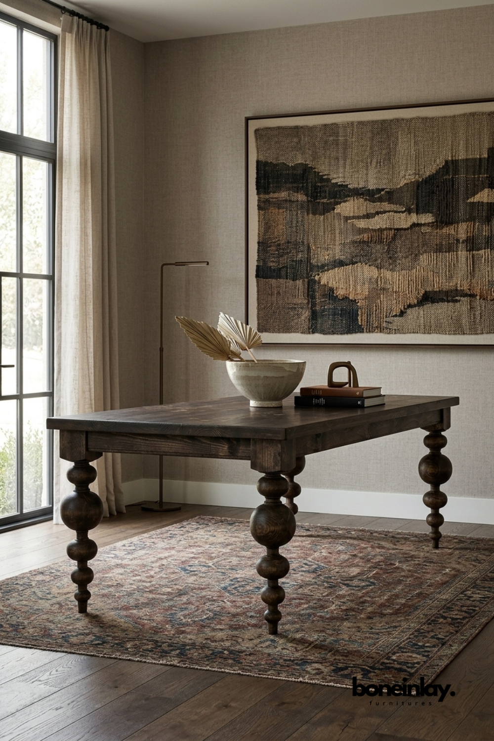 Dark Rustic Wooden Dining Table with Turned Legs, Traditional Farmhouse Dining Table, Solid Wood Dining Room FurnitureDark Wood Orb Baluster Table