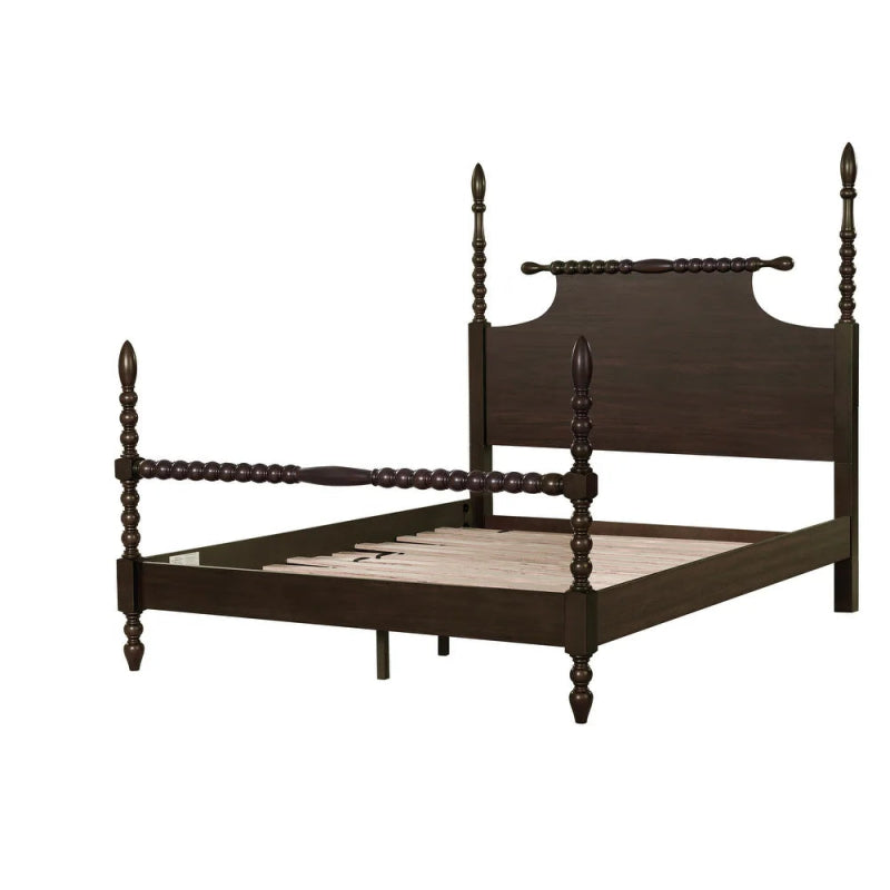 Dark four-poster bed frame with decorative spindle accents.