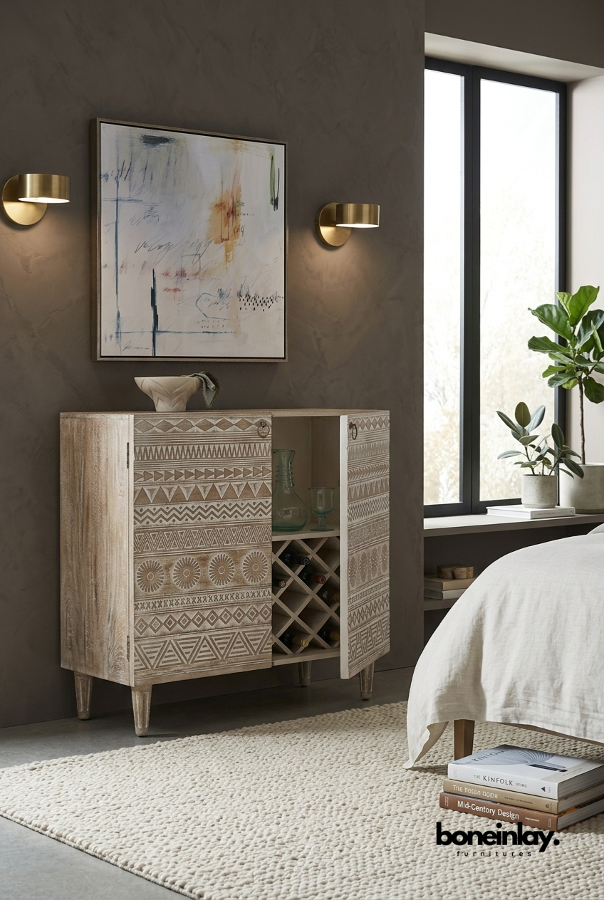Hand Carved Tribal Pattern Bar Cabinet with Built-In Wine Rack Storage