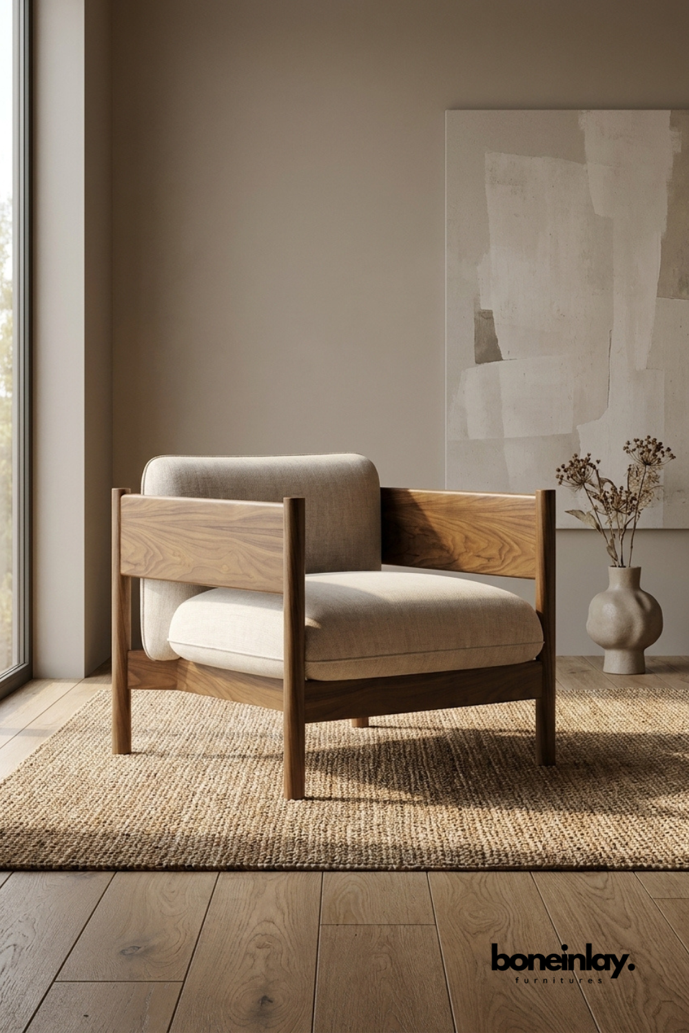 Contemporary walnut wood accent chair with curved upholstered back and plush cream seat, modern lounge chair featuring architectural wooden frame.