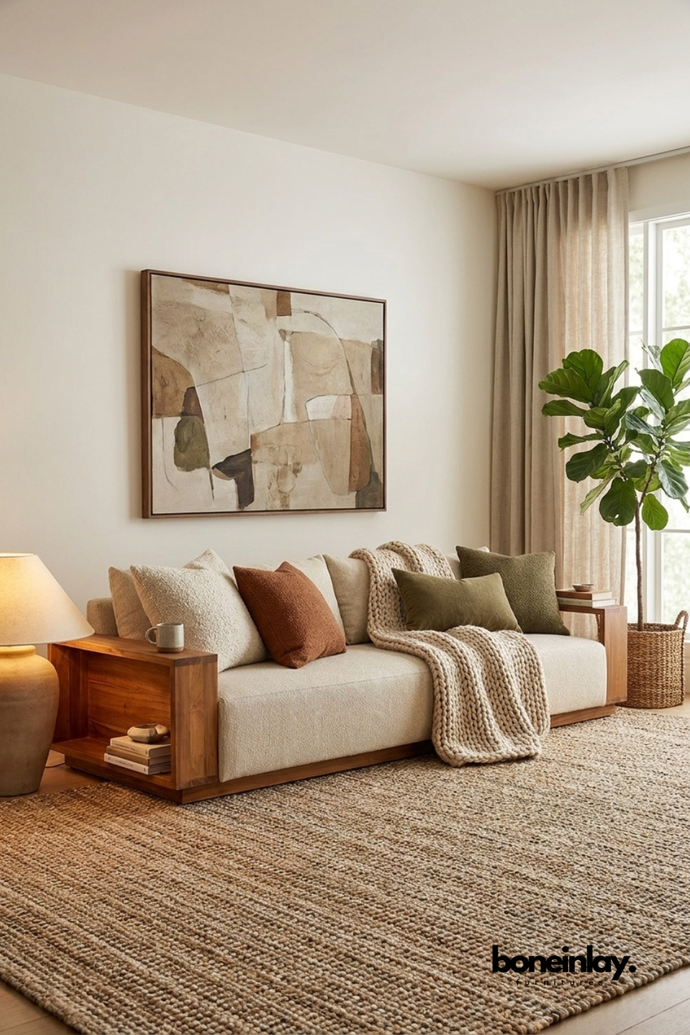 Contemporary wooden frame sofa with cream upholstered cushions, modern living room couch featuring integrated side table arms and decorative accent pillows.