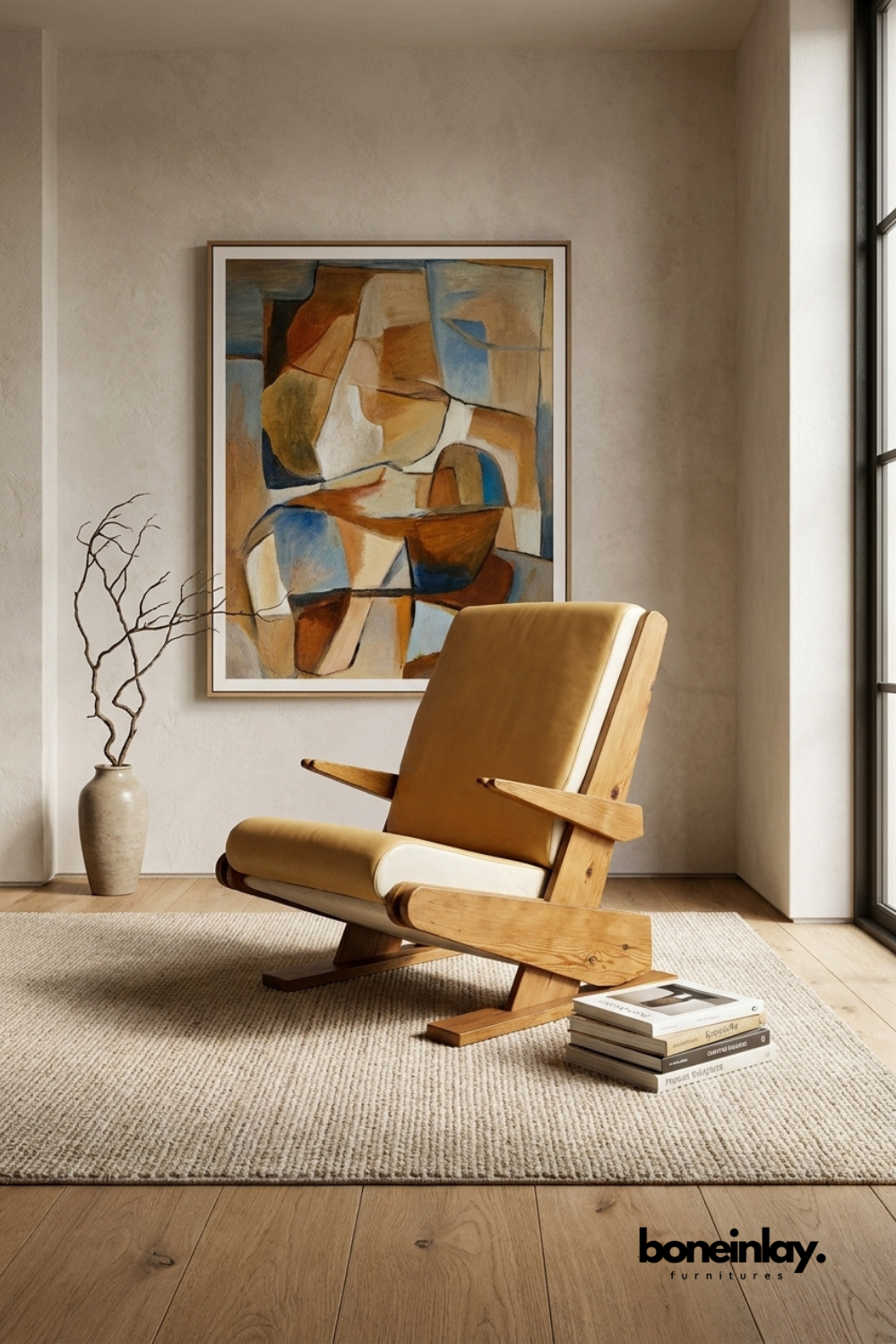 Mid-century modern reclining lounge chair with wooden frame and tan leather upholstery, designer accent chair with sculptural silhouette.