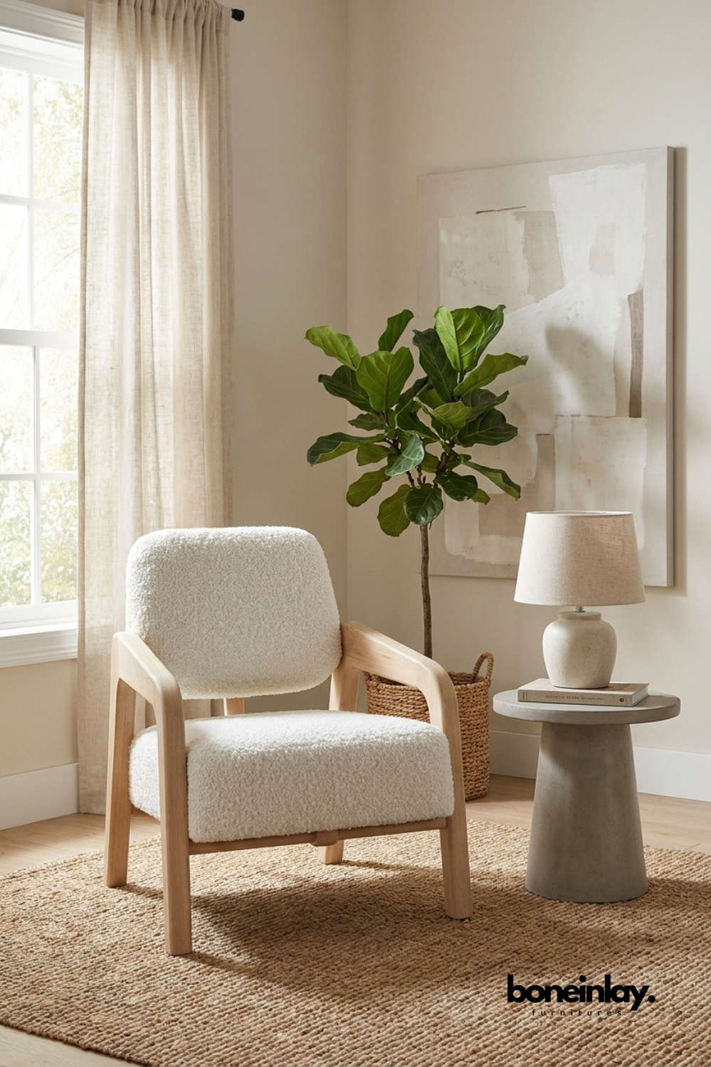 Cozy white bouclé fabric accent chair with a light natural wood frame in a warm living space