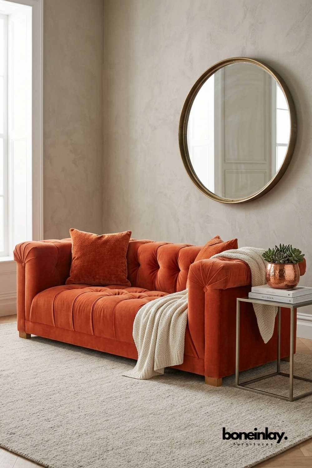 Modern tufted velvet sofa in burnt orange with deep button detailing, luxurious upholstered three seater couch for contemporary living room and elegant home interiors.