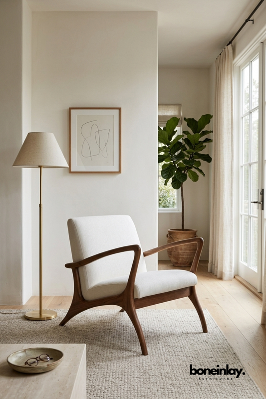 Walnut wood lounge chair with curved, open wood arms.
Upholstered in soft white boucle seat and back cushions.
Angled wood legs give the chair a light, airy stance.
Placed near a brass floor lamp and framed line-art print.