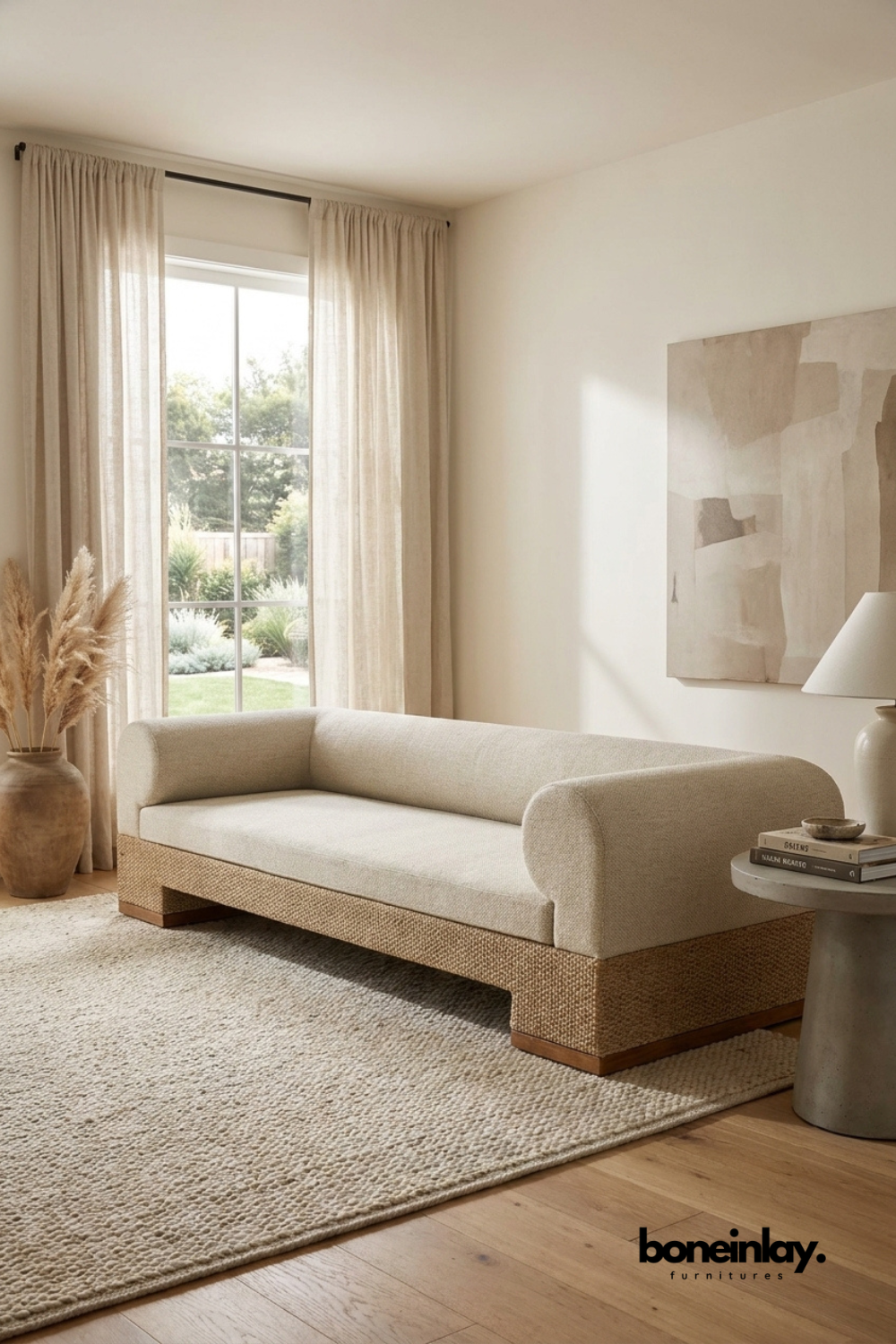 Cream upholstered modern sofa with woven rattan base in a minimalist living room setup