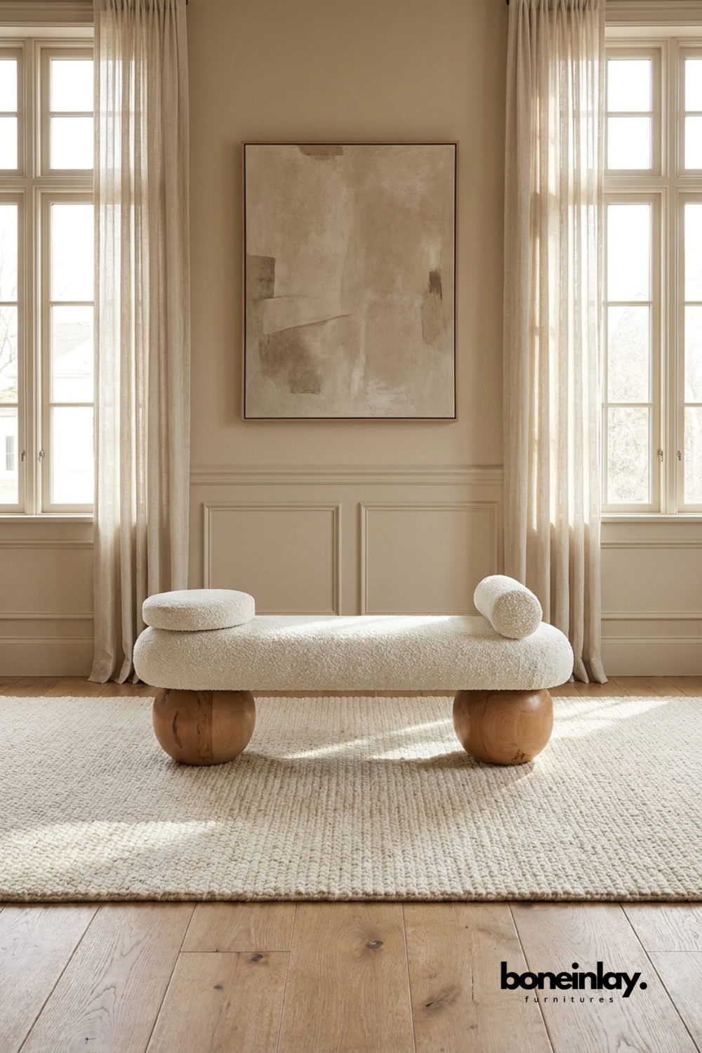 Modern boucle upholstered bench with sculptural wooden sphere legs, contemporary accent seating in soft ivory textured fabric.