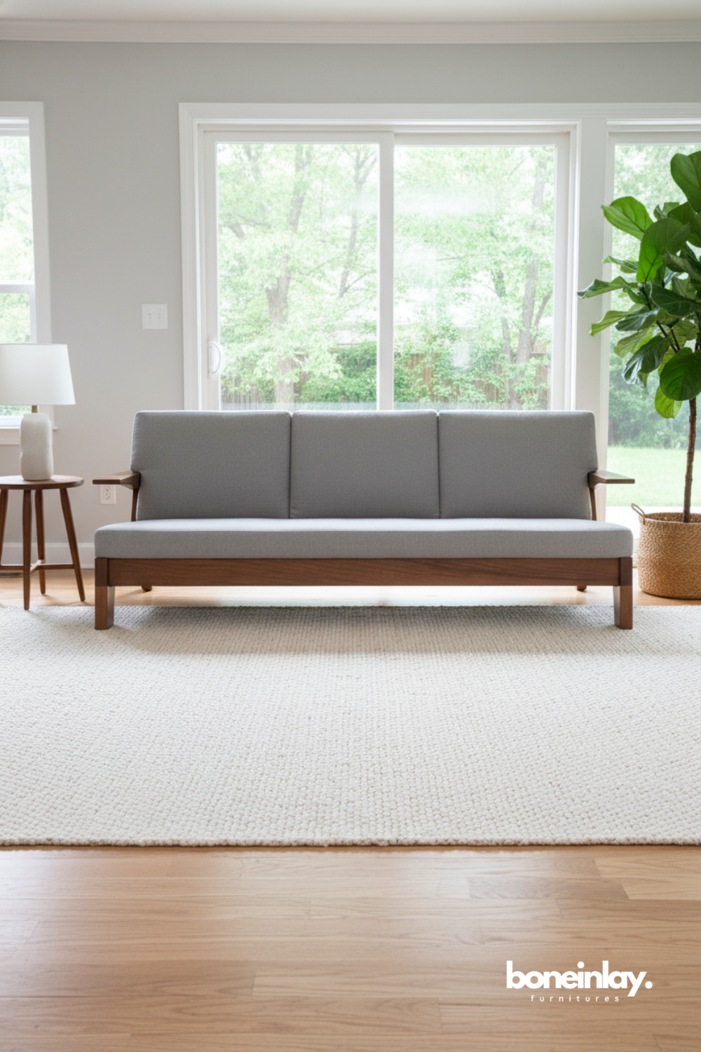 Mid-century wooden sofa bench with grey upholstery in a bright modern living room.