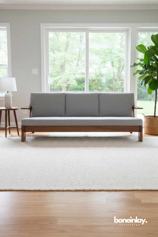 Mid-century wooden sofa bench with grey upholstery in a bright modern living room.