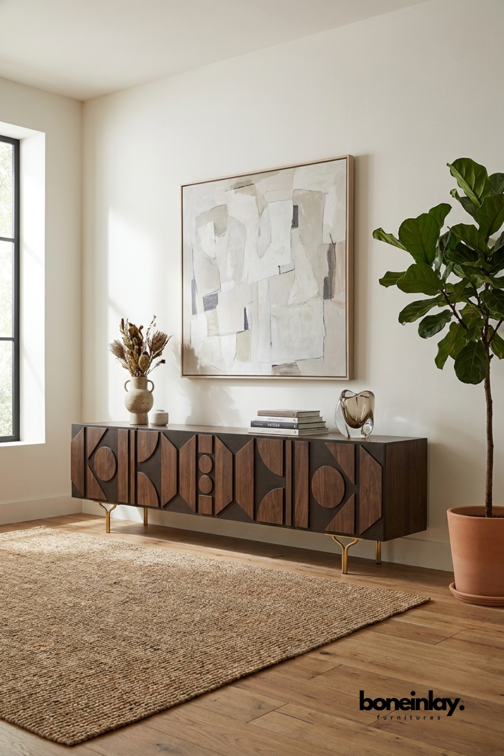 Modern geometric wooden TV Unit Media Console with Storage, contemporary storage credenza, designer wood buffet cabinet for living room
