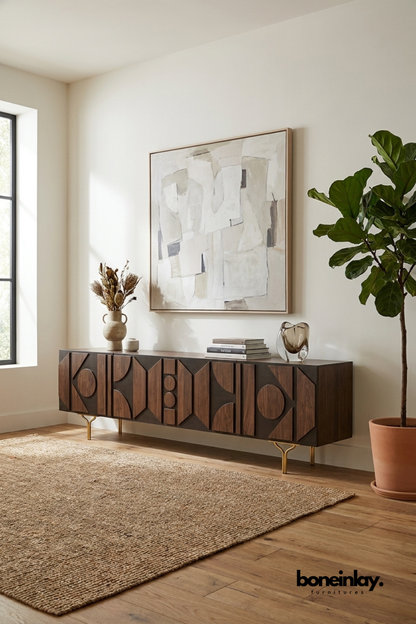 Modern geometric wooden TV Unit Media Console with Storage, contemporary storage credenza, designer wood buffet cabinet for living room