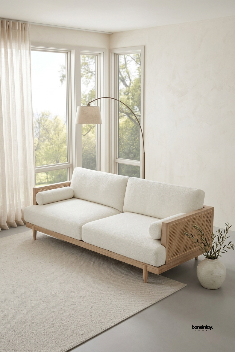Modern light oak sofa featuring woven natural cane side panels, plush cream bouclé upholstery, and two matching bolster cushions. Styled in a sunlit minimalist living room with floor-to-ceiling windows and an arched floor lamp, this artisan couch brings Scandinavian elegance and organic luxury to home interiors.
