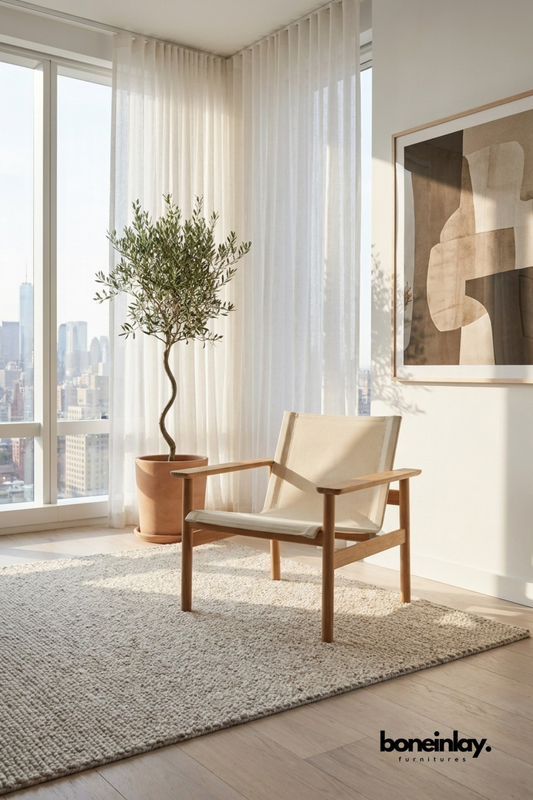 Modern canvas sling accent chair with solid oak wood frame, minimalist lounge chair featuring natural wood construction and cream fabric seat.
