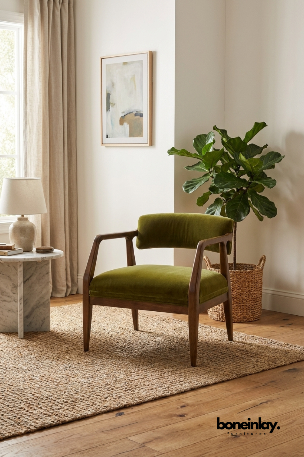 Olive green velvet upholstered armchair with mid-century style dark wood frame