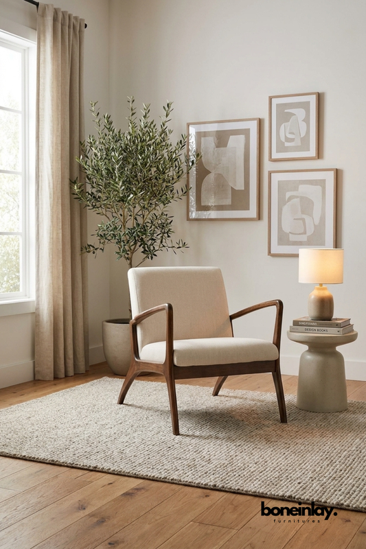 Mid-century modern accent armchair with dark wooden frame and cream fabric upholstery