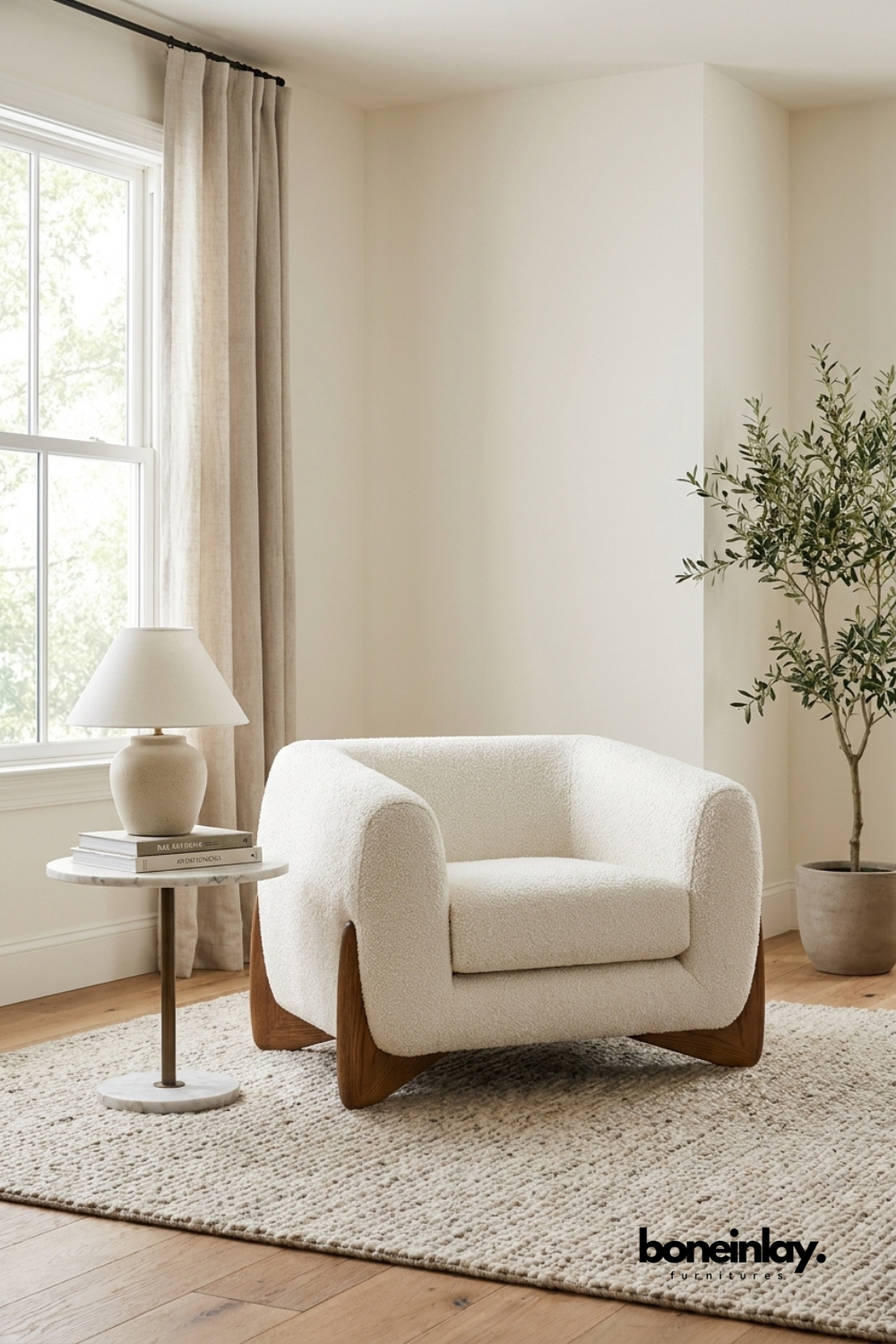 Modern white bouclé lounge armchair with sculptural wooden base, luxury upholstered accent chair for living room and reading corner