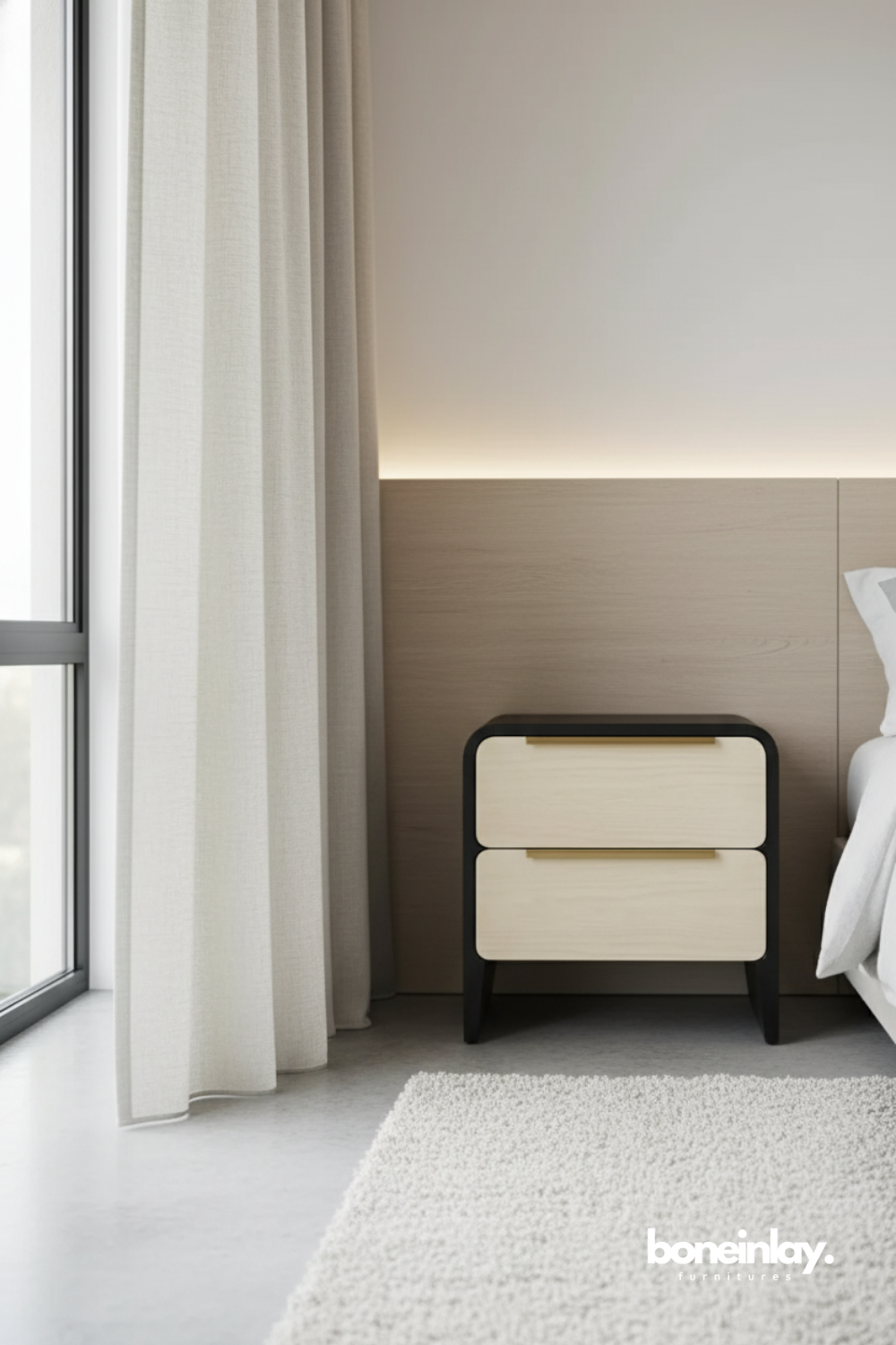 Contemporary Black and Natural Wood Two Drawer Nightstand