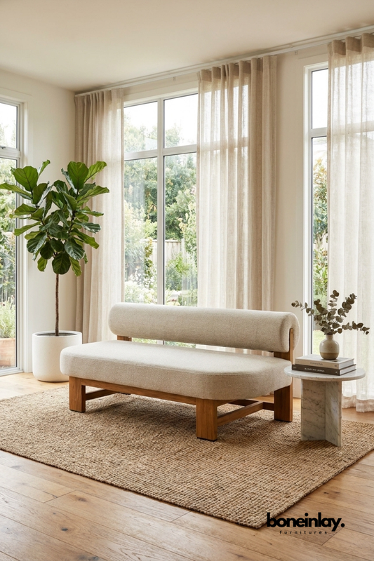 Modern upholstered wooden bench Sofa with rounded backrest, contemporary fabric dining bench, solid wood seating bench for living room