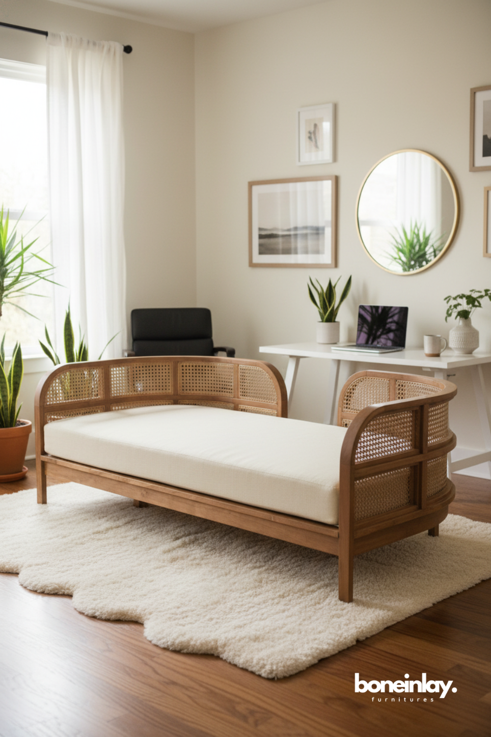 Modern Cane Daybed Sofa with Natural Wood Frame
