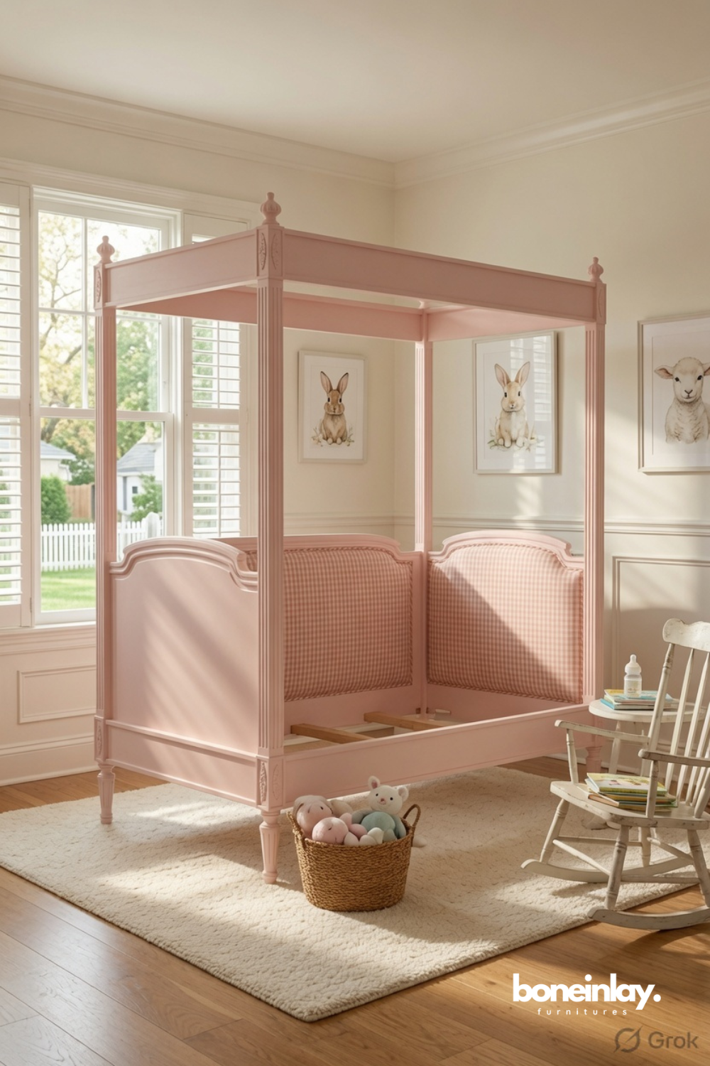 Pink canopy bed frame showcased in a charming children's bedroom with soft pastel decor.