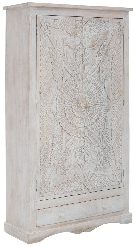 Distressed White Floral Cabinet shown from the left front, revealing the carved door panel, side depth, and lower drawer.