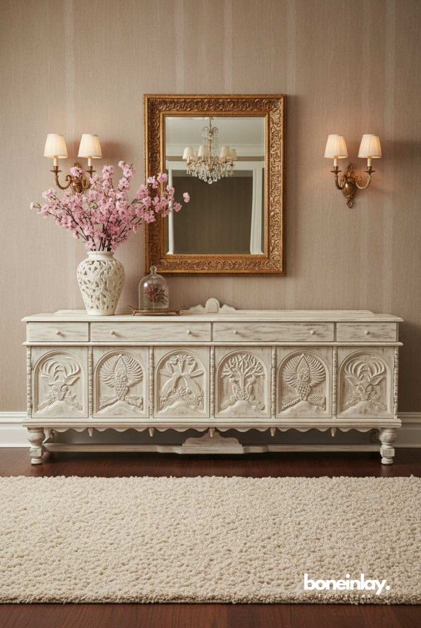 A long, distressed white solid wood sideboard with six intricately hand-carved wildlife door panels, styled with pink flowers and a gold mirror.