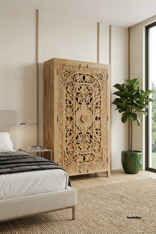 Natural mango wood wardrobe featuring a bold central floral rosette surrounded by dense scrollwork and vine carvings. Tall arched silhouette with tapered legs adds architectural presence to the bedroom setting. Styled beside a fiddle leaf fig and a linen upholstered bed with a bedside lamp. A striking statement wardrobe for bedrooms and dressing rooms.