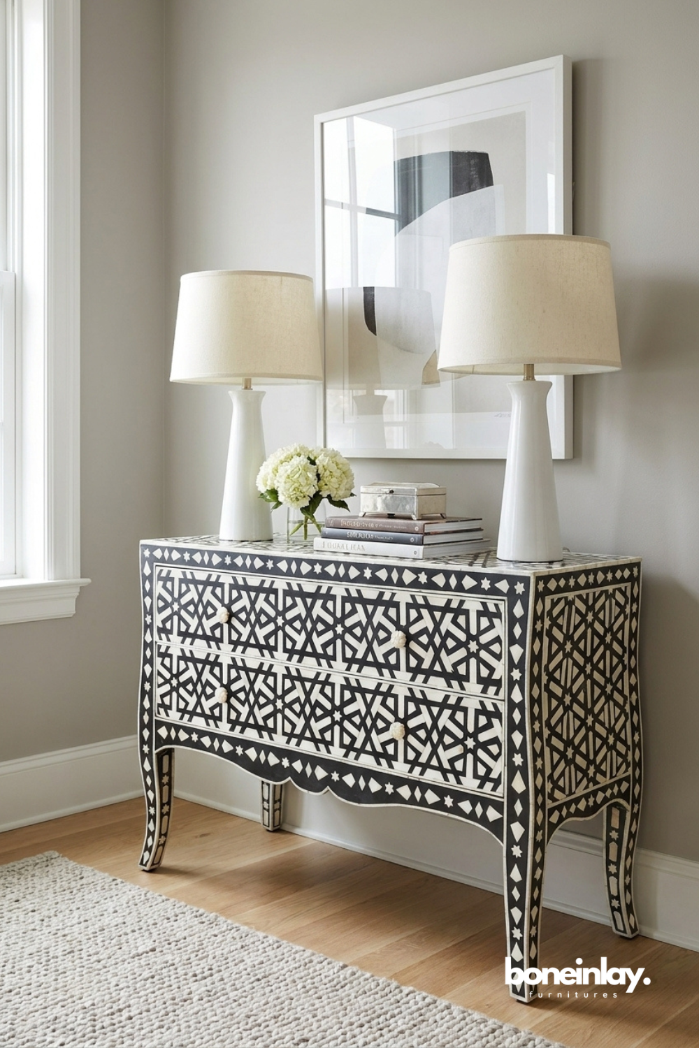Striking black and white bone inlay chest featuring intricate geometric craftsmanship and timeless statement appeal.
