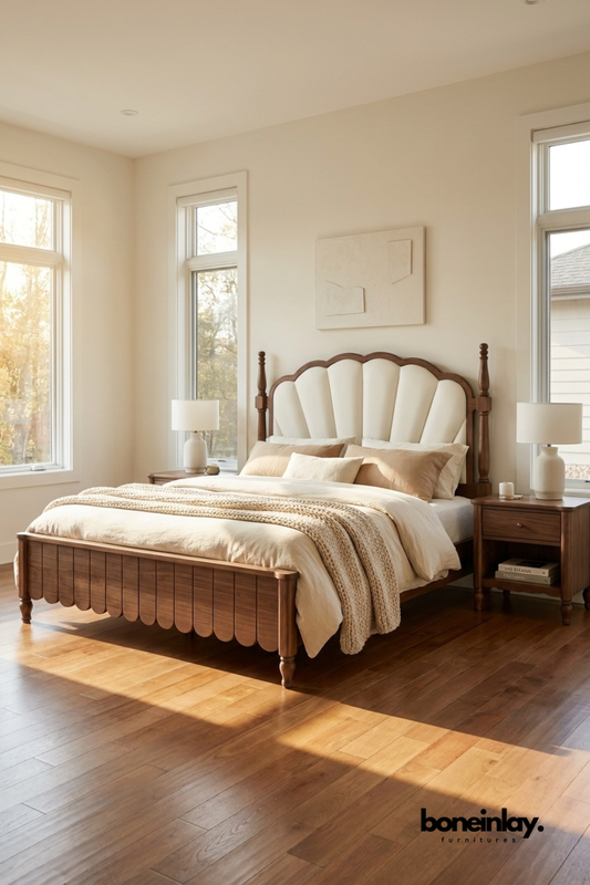 Scalloped upholstered wood bed in a sunlit bedroom featuring warm wood flooring, neutral bedding, matching nightstands, and minimalist wall art.