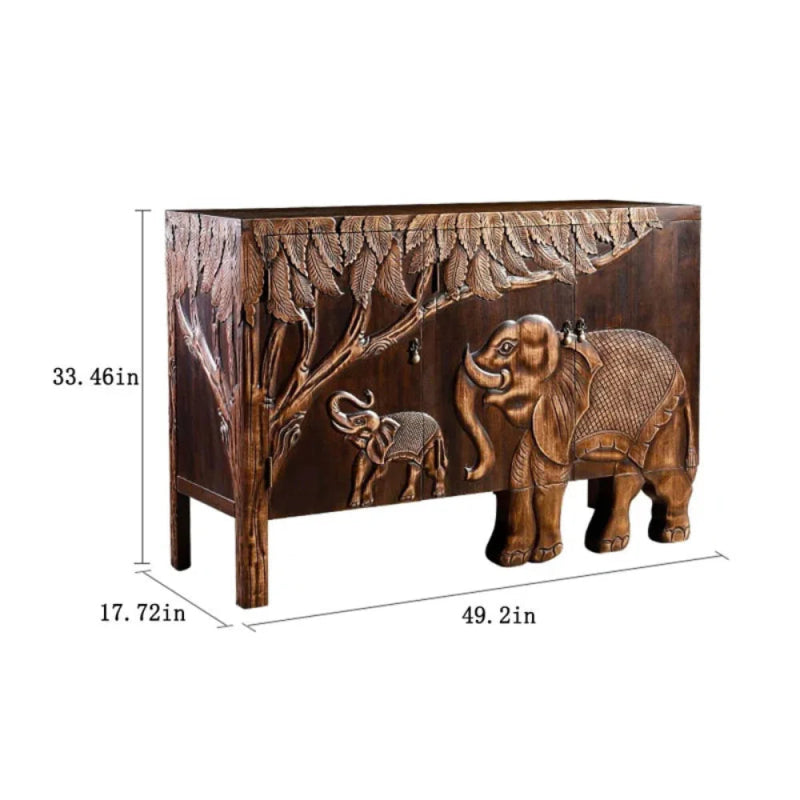 Elephant Carved Door Cabinet in solid wood, with jungle leaves surrounding the elephant and calf design.