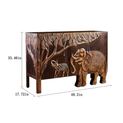 Elephant Carved Door Cabinet in solid wood, with jungle leaves surrounding the elephant and calf design.