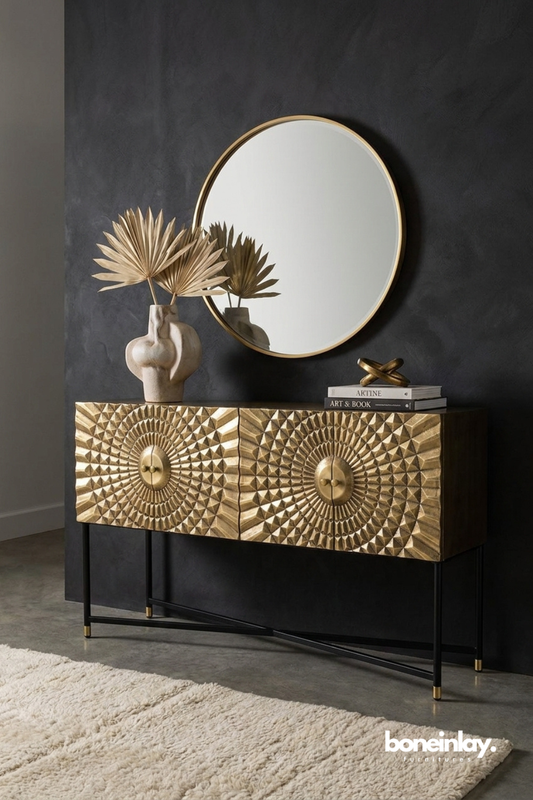 Accent Cabinet with Sunburst Relief Pattern and Black Metal Base
