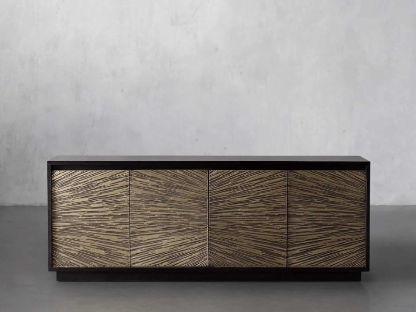Contemporary Black Sideboard Cabinet with Natural Textured Chevron Pattern Doors