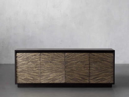 Contemporary Black Sideboard Cabinet with Natural Textured Chevron Pattern Doors