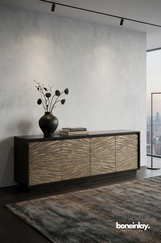 Contemporary Black Sideboard Cabinet with Natural Textured Chevron Pattern Doors