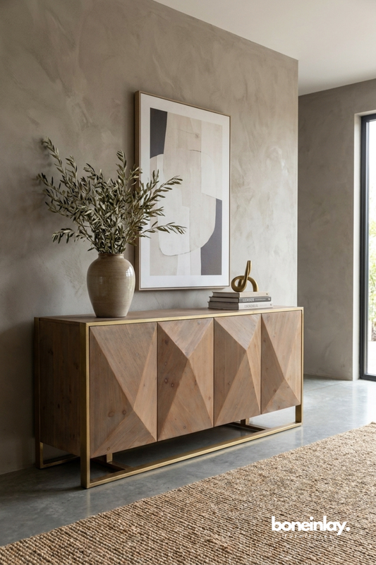 Contemporary Metal Sideboard Cabinet with Geometric Faceted Door Design and Brass Frame