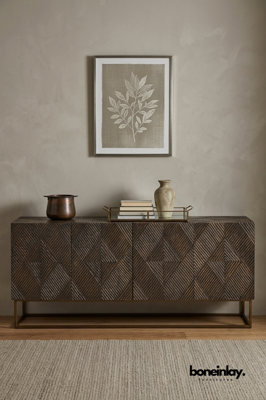 Contemporary carved solid wood Buffet featuring geometric diamond pattern doors and metal base for stylish home storage.