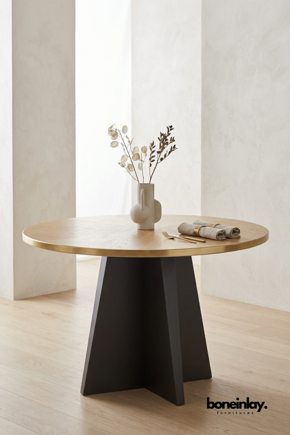 Modern Round Dining Table with Wooden Top and Black Pedestal Base, Contemporary Dining Room Table, Minimalist Kitchen Furniture