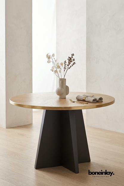 Modern Round Dining Table with Wooden Top and Black Pedestal Base, Contemporary Dining Room Table, Minimalist Kitchen Furniture